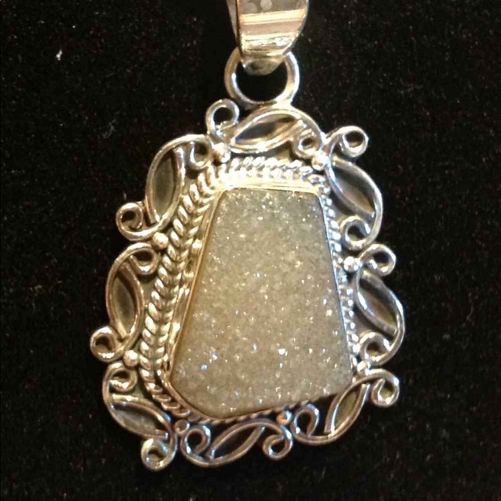 Platinum Druzy Quartz 925 Silver SET Necklace Pend